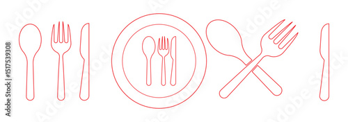 Fork, knife, plate and spoon. Menu symbol. Restaurant icon. Food, plate, fork, knife, spoon, cutlery icon set. Vector