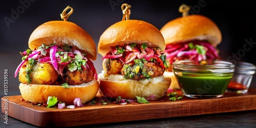 Spiced Indian vada pav sliders served with chutney, herbs, and onions