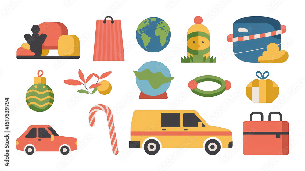 Naklejka premium Christmas icons set featuring colorful gifts, ornaments, cars, vans, earth globes, candy canes, shopping bags, winter hats, and abstract shapes on a transparent background