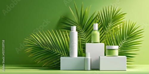 Minimalist skincare cosmetic bottles on podiums with tropical green leaves