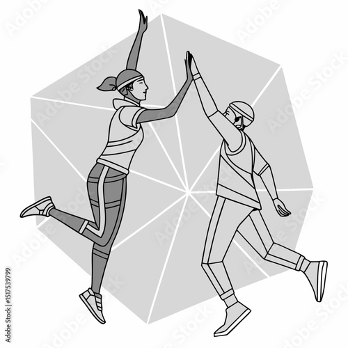 Dynamic Graphic Illustration of Two Volleyball Players in Action Against Geometric Background, for Sports Team and Competition Concepts