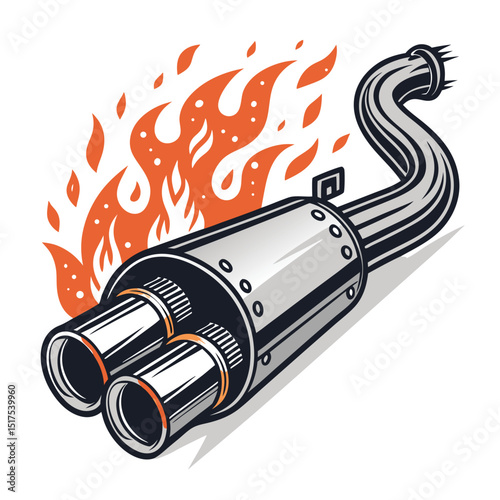 A fiery exhaust pipe, shaped like a stylized badge loop, spewing flames;  futuristic, industrial design.