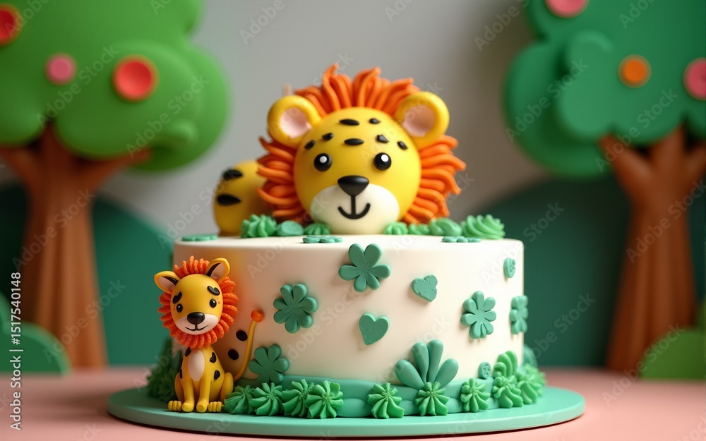 Naklejka premium Kids birthday cake. Child jungle theme party. High quality
