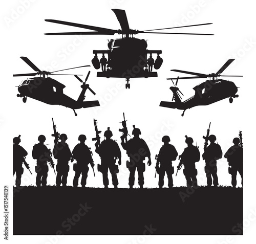 "Military Helicopter and Troops Silhouette"