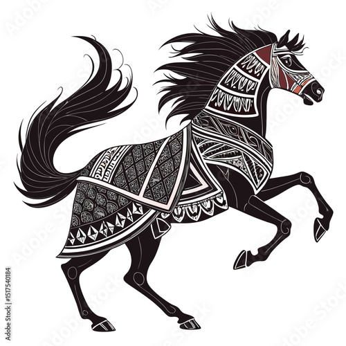 A majestic Arabian horse, clad in geometric, metallic armor, gallops across a desert landscape.  The armor is intricately detailed.