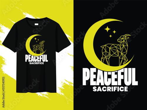 eid al-adha t-shirt, design with geometric goat, crescent moon, stars, and "peaceful sacrifice" text. ideal for qurbani, islamic festival clothing, and eid celebration apparel