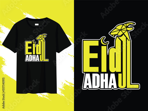 eid al-adha t-shirt, featuring bold text, a modern geometric goat design, and vibrant "eid adha" typography — perfect for festive gatherings and holiday wear