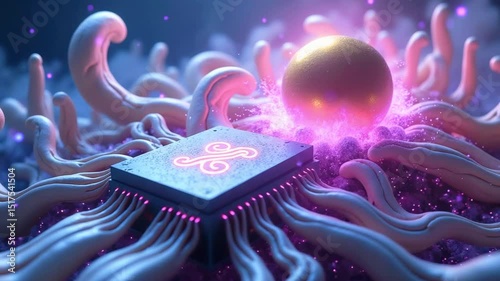 Abstract representation of a microchip surrounded by vibrant organic forms and a glowing golden sphere