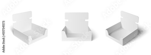 Set of white cardboard product display stands and holders. Blank promotional shelf ready for packages, countertop for retail exhibitors mockup isolated on white. 3d empty point of sale POS POPs.