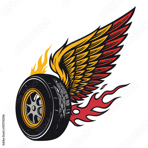 A black tire with attached feathered wings, propelled by fiery exhaust, soars through the air.  Render in high detail.