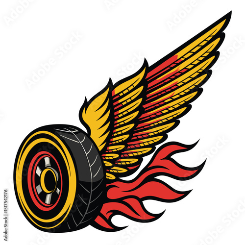 A black tire with attached feathered wings, soaring through the air, propelled by fiery exhaust.  Highly detailed, dark, fantasy art.