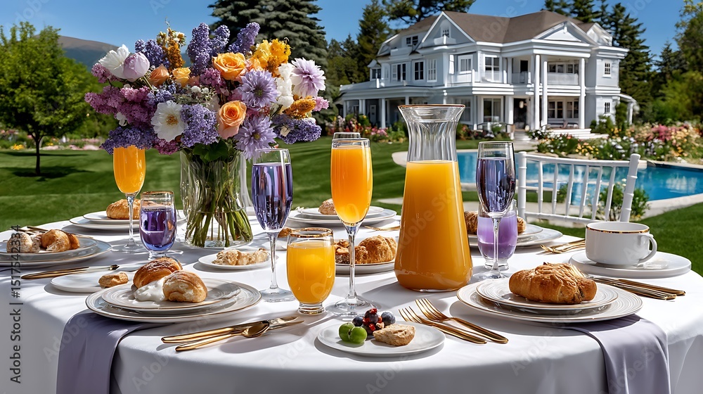 Elegant Outdoor Brunch Setup with Bright Drinks and Fresh Pastries Near Luxurious Mansion Elegant Outdoor Brunch Setup with Bright Drinks and Fresh Pastries Near Luxurious Mansion