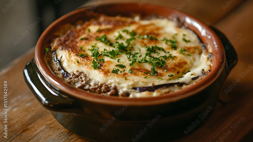 Baked Dish with Melted Cheese and Herbs in a Ceramic Pot Baked Dish with Melted Cheese and Herbs in a Ceramic Pot