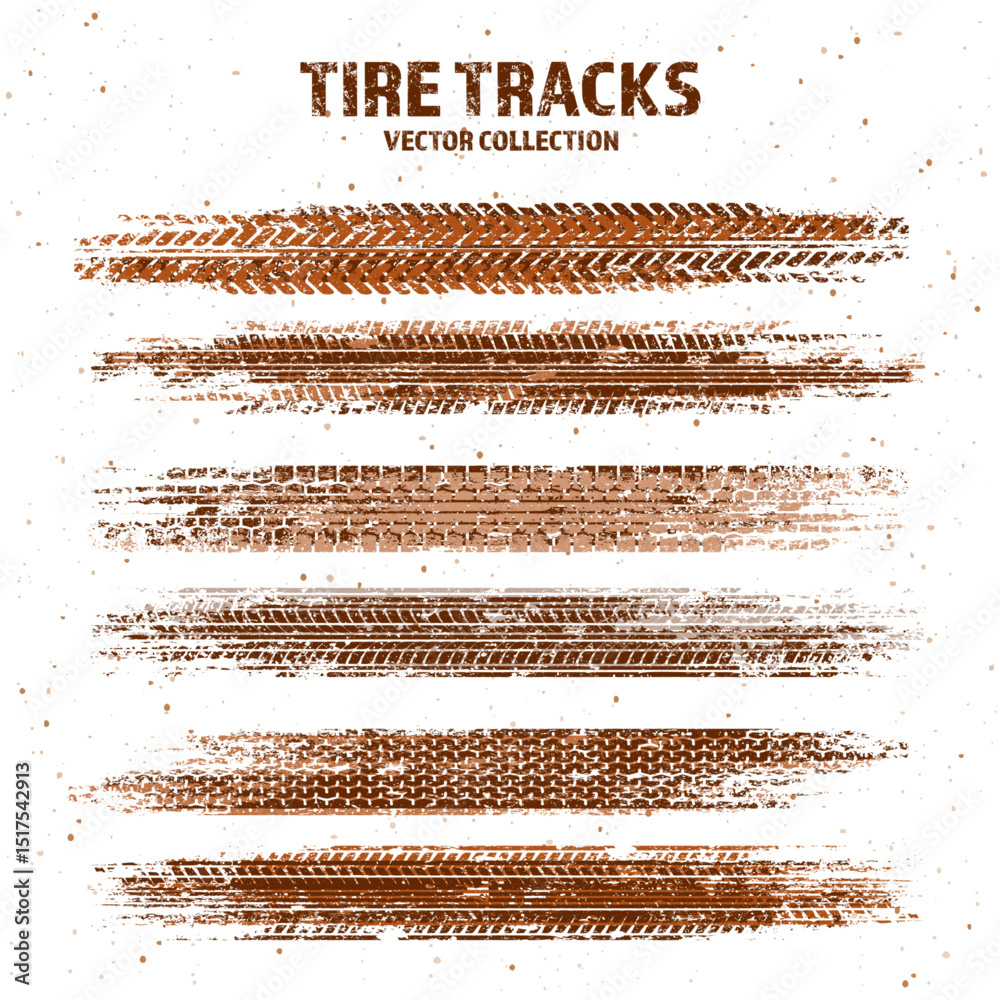 Grunge tire tracks with mud splatters, dirty wheel braking marks. Truck, car, or motorcycle tread pattern silhouettes. Perfect for off-road, motorsport, and racing designs. Vector illustration