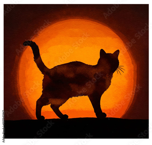 Black cat silhouette against an orange sunset background looking charming