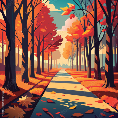Autumnal path through colorful forest.
