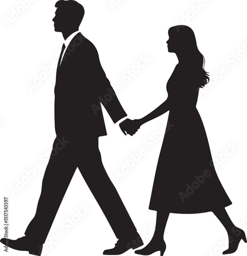 Lovers couple holding hands with walking silhouette vector illustration