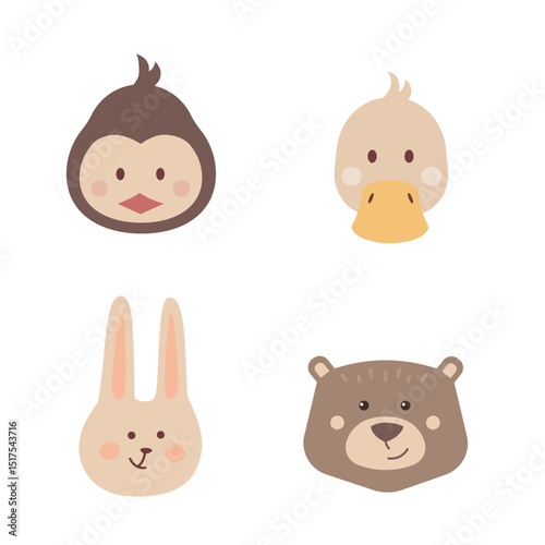 Set of cute cartoon animals heads isolated on white. Funny muzzles of penguin, duckling, rabbit and bear. Collection of nice kids characters. Vector illustration in a flat style.