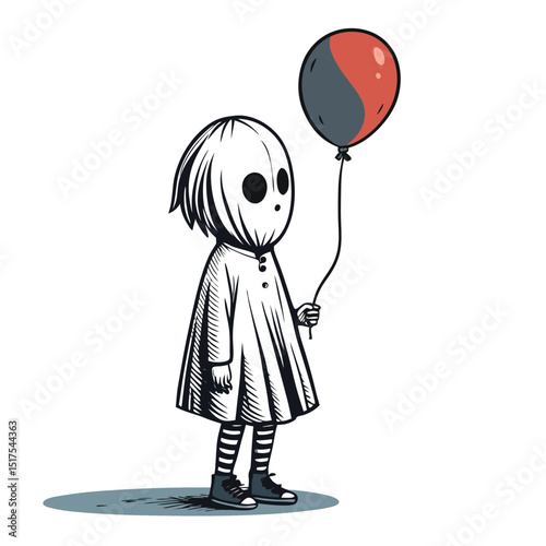 Render a chillingly realistic image of a ghostly child, eyeless, holding a deflated balloon. ISO 1 setting for grainy texture.