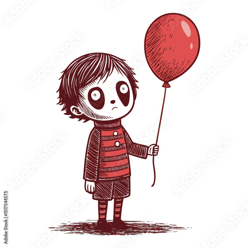 Render a chilling image of an eyeless ghostly child, ISO-styled, holding a deflated balloon. Emphasize ethereal textures and a haunting atmosphere.
