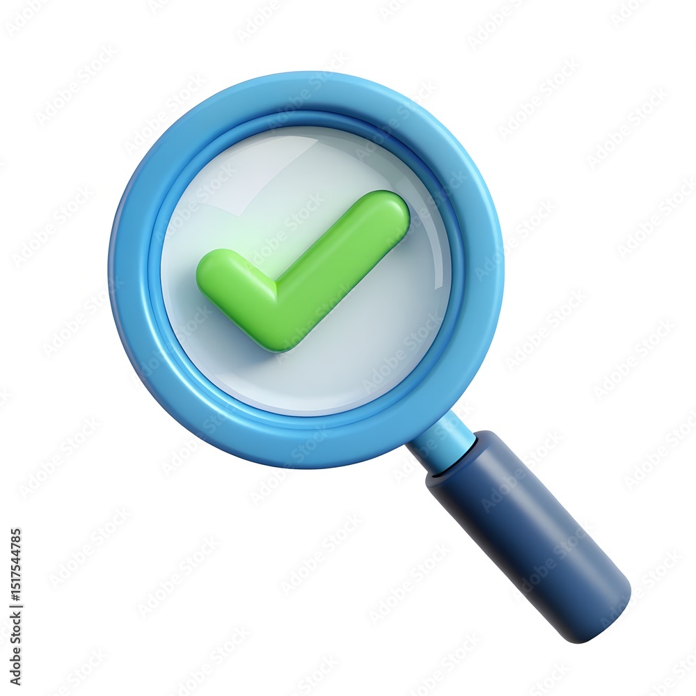 3D Cartoon Magnifying Glass with Checkmark Icon in Plastic Minimal Style Isolated on White Background 3D Cartoon Magnifying Glass with Checkmark Icon in Plastic Minimal Style Isolated on White Background