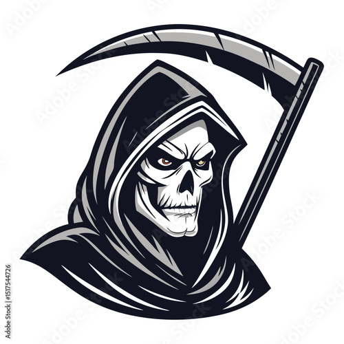 Create a detailed illustration of a hooded Grim Reaper's head, a skeletal face partially visible beneath the hood, holding a scythe; isolated on a white background.