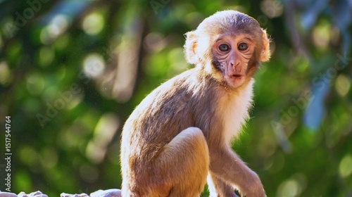 A cute, small, wild squirrel monkey baby with fur face on a green branch in the tropical rainforest of South America