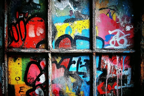 Colorful graffiti art covering a weathered window in an urban setting showcasing vibrant street creativity