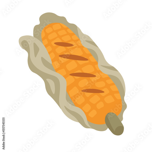 Flat cartoon grilled corn with husk, perfect for barbecue, picnic, harvest and cooking designs.