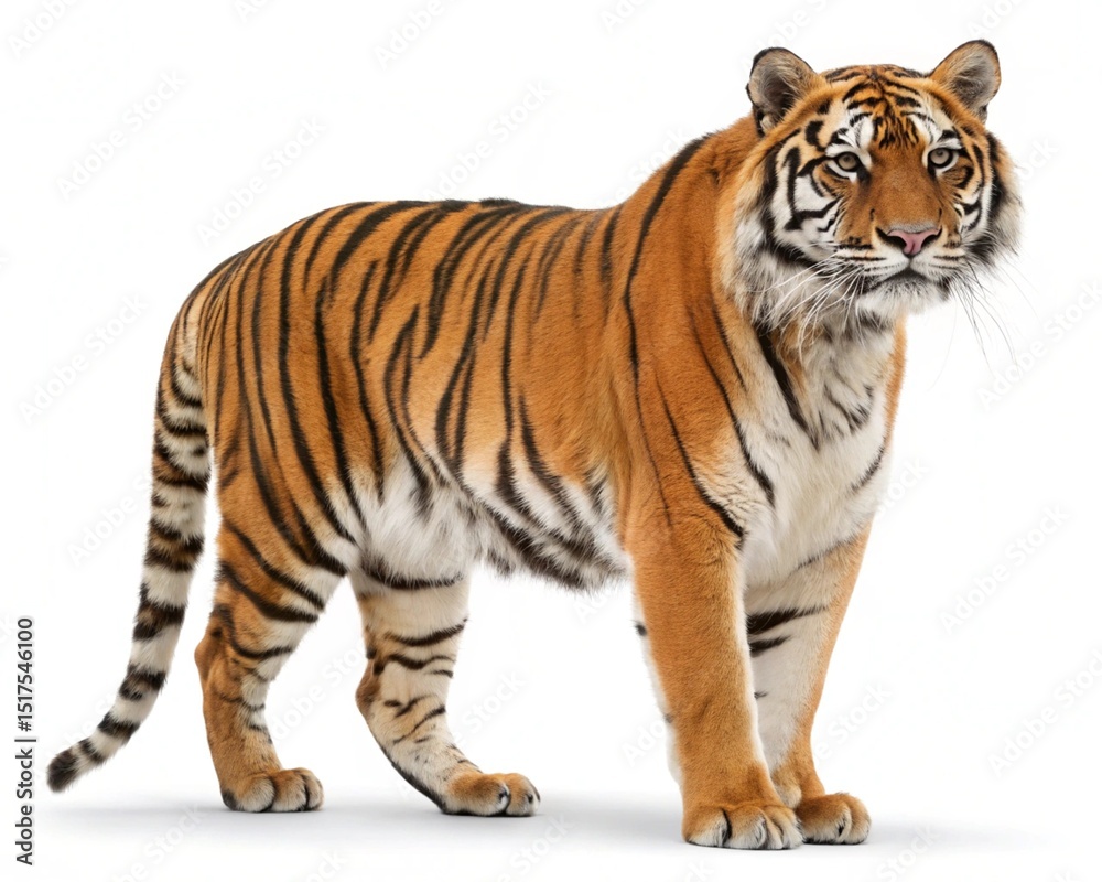 Obraz premium White background isolation of a wild Bengal tiger, a beautiful striped feline predator