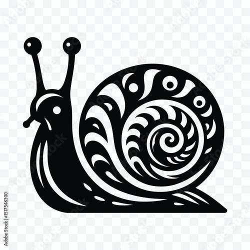 Artistic Snail Illustration: A stylized black snail illustration, showcasing intricate patterns and a whimsical charm, perfect for artistic projects or design elements.