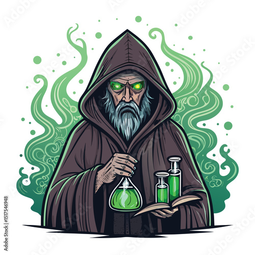 A gothic alchemist, clad in dark robes, surrounded by bubbling green potions, illuminated by an eerie green glow, meticulously crafting elixirs.