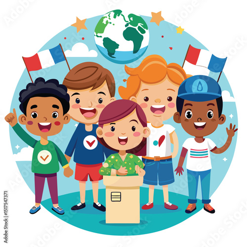 Friendship Cartoon illustration of smiling children around the world with gifts and the Earth