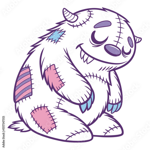 A friendly, huggable monster, entirely covered in fluffy white pillow feathers, with endearingly oversized eyes and a gentle expression.