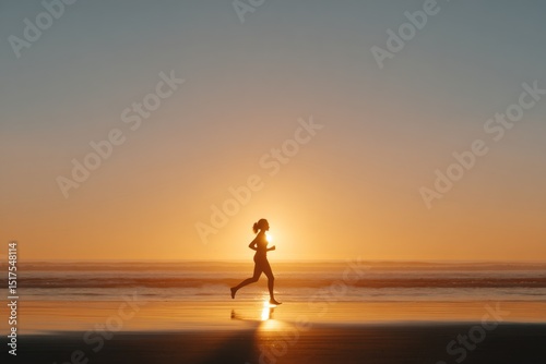 Young girl silhouette Jogging on sea beach .