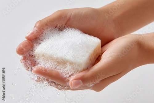 Woman washing hands with soap on color background	