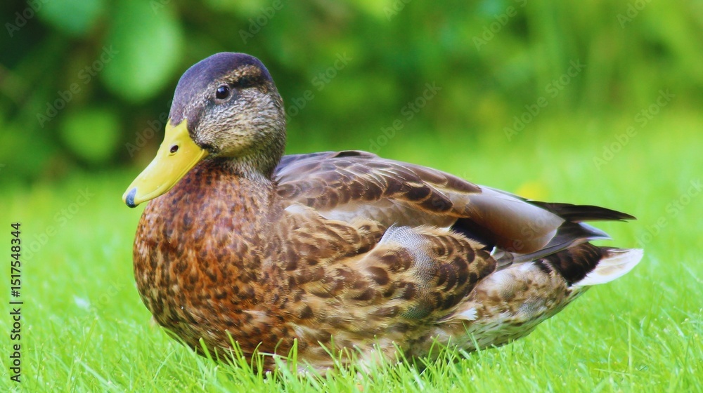 A brown mallard duck, a wild waterfowl bird, rests in the green grass of nature near a lake A brown mallard duck, a wild waterfowl bird, rests in the green grass of nature near a lake