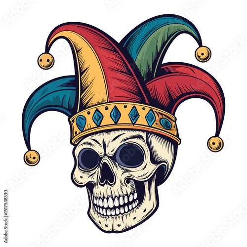 A detailed rendering of a jester's skull wearing a brightly colored, ornate hat, isolated on a pure white background.  High-resolution, photorealistic image.