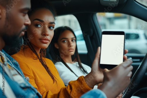 Taxi service application. Female passenger holding smartphone with blank screen while driver man driving car, woman sitting on backseat in auto