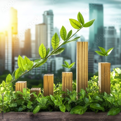 Bar chart with city and lush greenery environmental sustainability climate change, global warming concept
