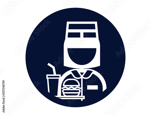 ハンバーガーを持ったファストフード店員の丸いシンプルなモノクロ白抜きイラストアイコン