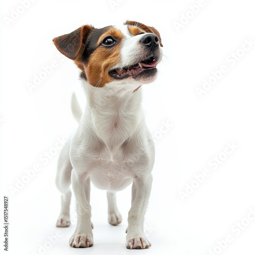 Adorable small dog with brown and white fur, happy expression, alert ears, and bright eyes standing on a white background, full body shot