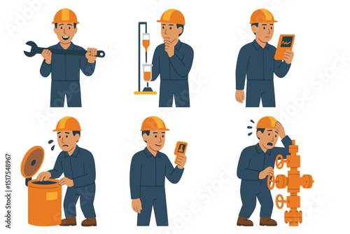 Petroleum engineer with torque wrench viscometer seismic survey density meter BOP in emotional vector actions