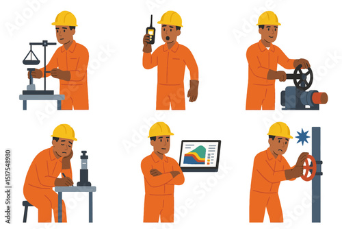 Petroleum engineer using mud balance gas detector PVT analyzer pressure relief valve reservoir simulator in vector art