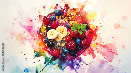Vibrant Acai Bowl with Fresh Berries, Bananas, and Granola Topped with Mint Leaves