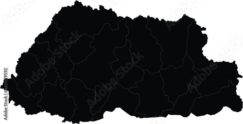 Black silhouette map of Bhutan with detailed outline for design and educational purposes