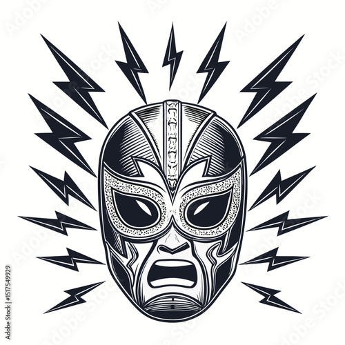 A vibrant luchador wrestling mask head, detailed and sharp, with dramatic lightning bolts behind it, isolated on a pure white background.