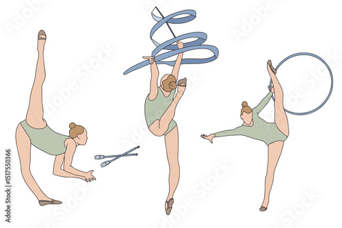 Set of rhythmic gymnastics silhouettes. Different apparatus such as ribbon, clubs, hoop, skipping rope and ball. Vector illustration Colorful set of rhythmic gymnastics in doodle style. Girl gymnast w