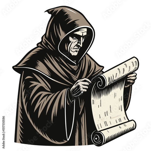 A brooding gothic monk, cloaked and hooded, examines ancient, cursed scrolls radiating ominous energy; dimly lit, detailed textures.
