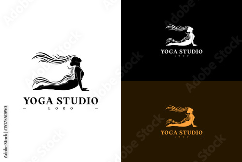 vector illustration of a woman in cobra pose with breathe and movement waves, logo for relax, exercise, support, mindfulness, peaceful, exercise, morning routine, yoga studio, and more